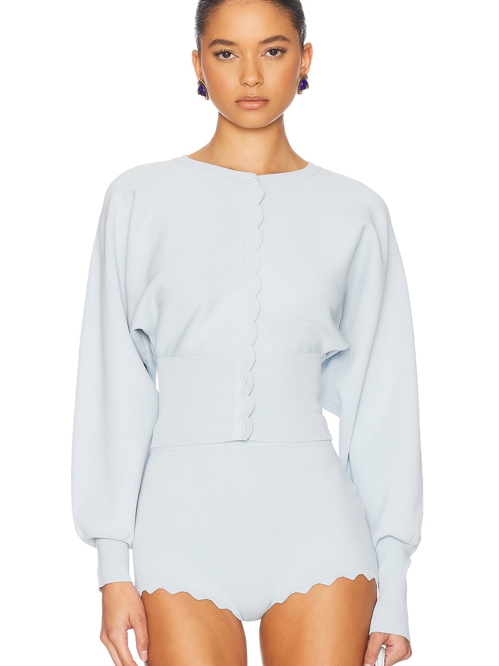 Helsa Light Blue Scallop-Edge shorts and sweater
